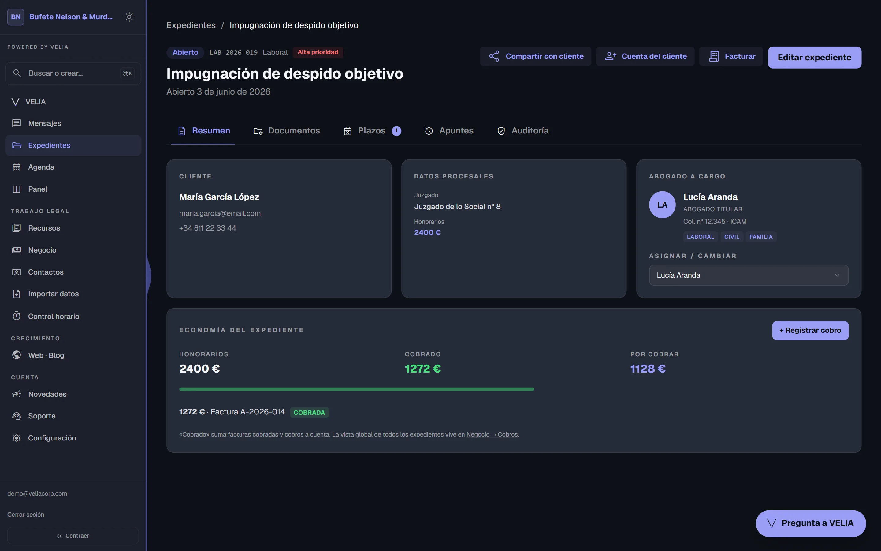 Ficha real de expediente en VELIA: cliente, abogado a cargo, documentos, plazos y economía del expediente