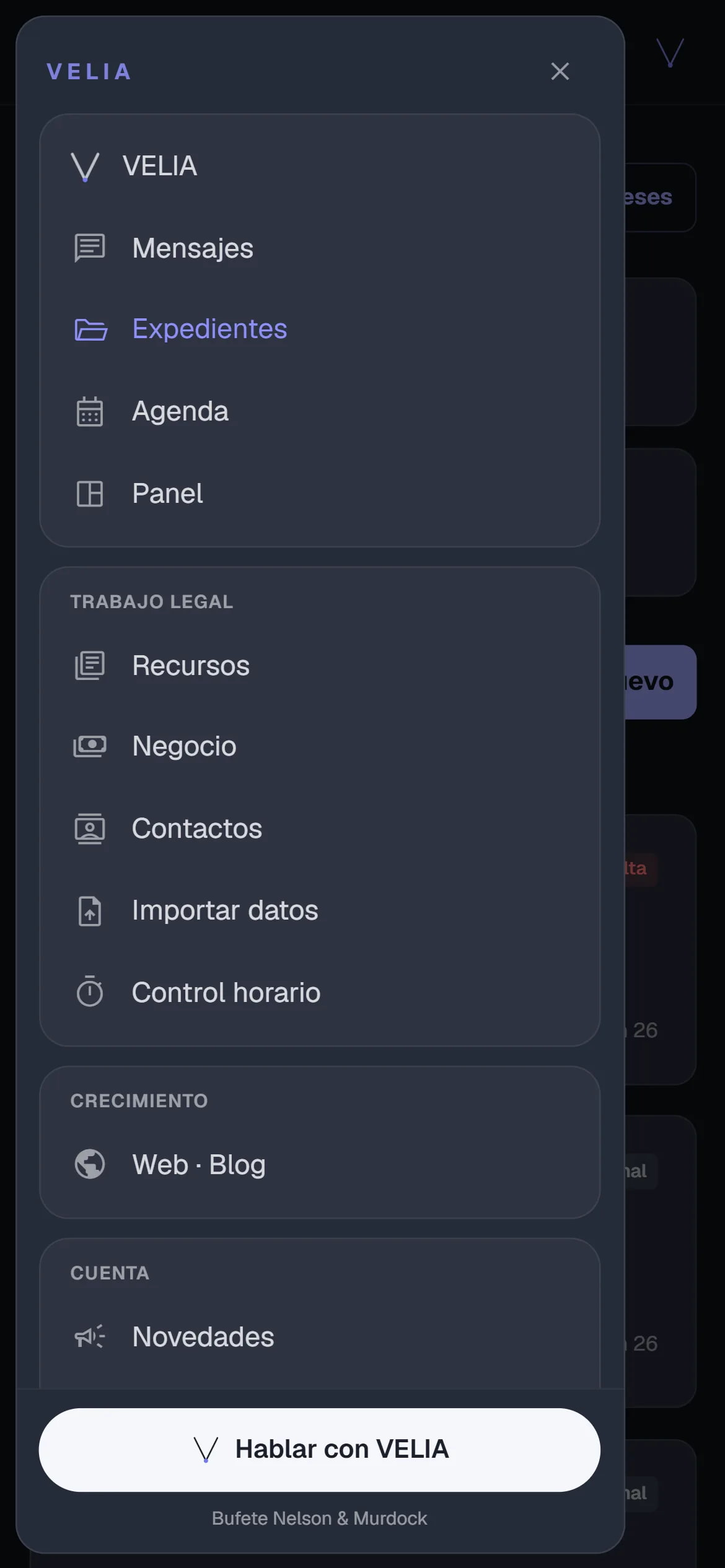 La app de VELIA en el móvil con el menú abierto: Mensajes, Expedientes, Agenda, Panel, Recursos, Negocio, Contactos, Importar datos, Control horario, Web y Blog, Novedades, Soporte y Configuración